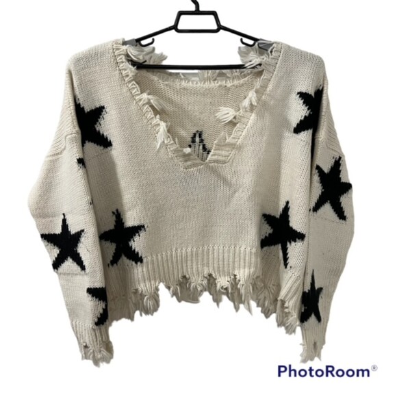 Storia Womens Ivory Knit Star Patched Cropped Sweater Fringed Hem Size Large - Picture 1 of 9